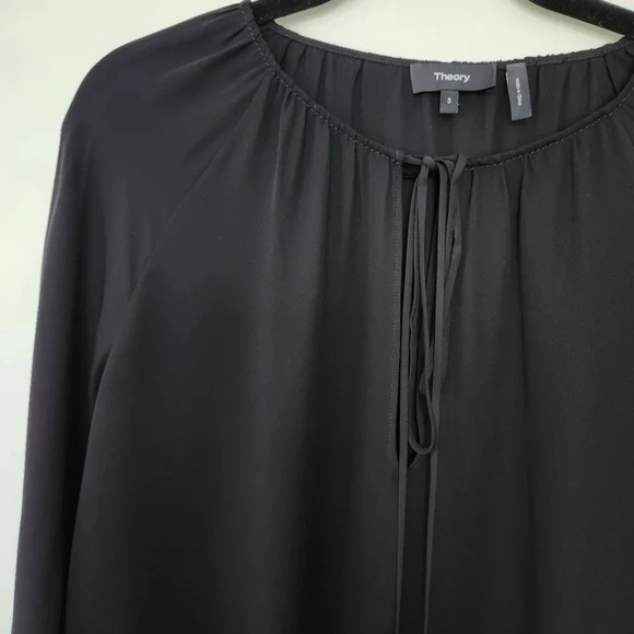 Theory 100% Silk Gathered Slit Neck Black Tie Front Blouse Size Small - Picture 9 of 10